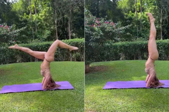 De biquíni, Letícia Spiller faz ioga  no meio da natureza -  (crédito: Observatório dos Famosos)