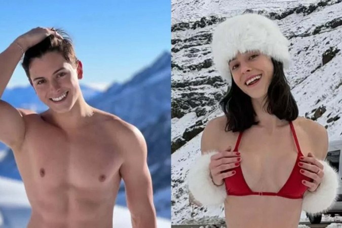 Bella Longuinho posa de biquíni na neve e resgata foto de sunga para comparar o antes e depois da transição -  (crédito: Observatório dos Famosos)